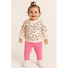 Dinamik çocuk Kız Bebek Büyük Çiçek Desenli 2’li Takım Sweatshirt ve Fitilli Tayt- 3-6-9-12AY