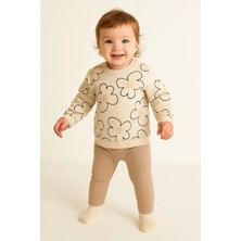 Dinamik çocuk Kız Bebek Büyük Çiçek Desenli 2’li Takım Sweatshirt ve Fitilli Tayt- 3-6-9-12AY