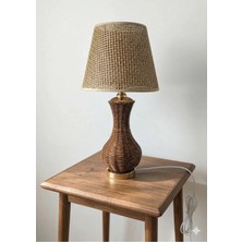 Decodelight Gold Ayak Kahverengi Hasır Rattan Örmeli Gövde Hazeran ve Kumaş Şapkalı Bohem Abajur Masa Lambası