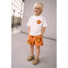 Monila Erkek Çocuk Pamuklu Ekru Aslan Baskılı T-Shirt ve Şort Alt Üst Takım