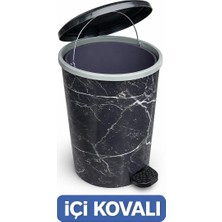 Genel Pedallı Çöp Kovası Içi Kovalı Kapaklı Çöp Kutusu Siyah Mermer Desenli Banyo Mutfak Wc Ofis Çöp Kovası