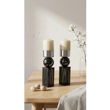 Decodelight Siyah Krom Paslanmaz Kaplama Dikdörtgen Desenli Krom Damarlı Toplu 2li Şamdan Mumluk Seti Modelleri
