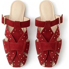 Ne&Ve Shoes Bordo Süet Pim Detaylı ve Tokalı Kadın Kare Burun Sabo Terlik