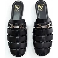 Ne&Ve Shoes Siyah Deri Aksesuar Detaylı Kadın Kare Burun Sabo Terlik