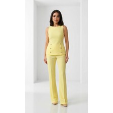 Butik Dayı Kahverengi Renk Gold Düğme Detaylı Kolsuz Ofis Takım Pantolon Bluz Set