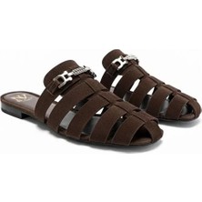 Ne&Ve Shoes Kahve Süet Aksesuar Detaylı Kadın Kare Burun Sabo Terlik