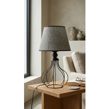 Decodelight Siyah Ferforje Armut Model Metal Ayaklı Hazran Bambu Kumaş Başlıklı Abajur Masa Lambası