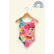 My Kids Wear Kız Çocuk Pembe Tropikal Desenli Sevimli Kız Figürlü Mayo 12688