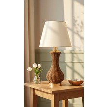 Decodelight Gold Ayak Kahverengi Hasır Rattan Örmeli Gövde Hazeran ve Kumaş Şapkalı Bohem Abajur Masa Lambası