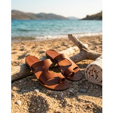 Türkbükü Sandalet Hakiki Deri Geometrik Kesim Minimalist Bodrum Sandaleti - 136K Taba
