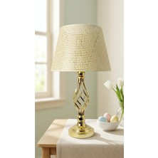Decodelight Gold Kaplama Burgulu Toplu Metal Ayaklı 30'luk Açık Krem Hazeran Kumaş Şapkalı Abajur Masa Lambası