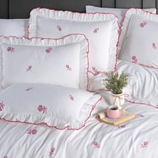 Garden Room Tek Kişilik Rose Kırmızı Fırfırlı Süs Dikişli Nevresim Seti Ekru Organik Pamuk