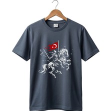 Widi Unisex Ay Yıldız Türk Bayraklı Atlı Savaşçı Tasarım Baskılı %100 Pamuk Bisiklet Yaka Basic T-Shirt