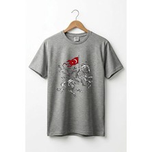 Widi Unisex Ay Yıldız Türk Bayraklı Atlı Savaşçı Tasarım Baskılı %100 Pamuk Bisiklet Yaka Basic T-Shirt