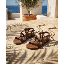 Türkbükü Sandalet Kahverengi Hakiki Deri Bağcıklı Kadın Sandalet -Gladyatör 17K Kahve