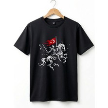Widi Unisex Ay Yıldız Türk Bayraklı Atlı Savaşçı Tasarım Baskılı %100 Pamuk Bisiklet Yaka Basic T-Shirt