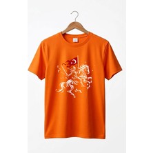 Widi Unisex Ay Yıldız Türk Bayraklı Atlı Savaşçı Tasarım Baskılı %100 Pamuk Bisiklet Yaka Basic T-Shirt