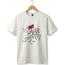 Widi Unisex Ay Yıldız Türk Bayraklı Atlı Savaşçı Tasarım Baskılı %100 Pamuk Bisiklet Yaka Basic T-Shirt