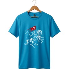 Widi Unisex Ay Yıldız Türk Bayraklı Atlı Savaşçı Tasarım Baskılı %100 Pamuk Bisiklet Yaka Basic T-Shirt