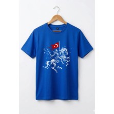 Widi Unisex Ay Yıldız Türk Bayraklı Atlı Savaşçı Tasarım Baskılı %100 Pamuk Bisiklet Yaka Basic T-Shirt