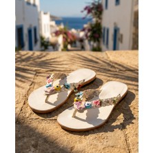 Türkbükü Sandalet Nazar Boncuklu Hakiki Deri Kadın Parmak Arası Terlik Sandalet - 15K Beyaz