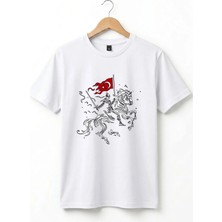 Widi Unisex Ay Yıldız Türk Bayraklı Atlı Savaşçı Tasarım Baskılı %100 Pamuk Bisiklet Yaka Basic T-Shirt