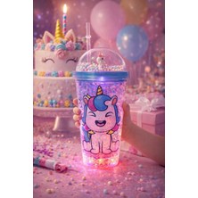 MiraLive Unicorn Temalı LED Işıklı Suluk Buzlu Cam Görünümlü 450 ml Çift Katman Mika Su Şişesi 2646 Mavi