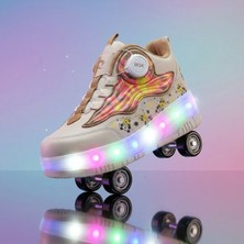 BURUNİ Çocuk Patenli Ayakkabı Işıklı LED Tekerlekli Ortopedik Spor Ayakkabı Bejxkahve