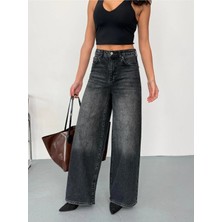 Zeo Basic Kadın Füme Taşlamalı Baggy Jean Yüksek Bel Geniş Paça Kot Pantolon Siyah