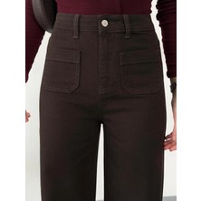 Zeo Basic Kadın Kahverengi Ön Cepli Wide-Leg Jean Yüksek Bel Geniş Paça Kot Pantolon