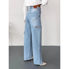 Zeo Basic Kadın Açık Mavi Baggy Jean Yüksek Bel Kot Pantolon Denim Kumaş Yanlardan Lazerli