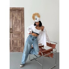 Zeo Basic Kadın Skater Fit Yırtık Detaylı Yüksek Bel Kot Pantolon Buz Mavi