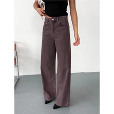 Zeo Basic Kadın Bordo Baggy Jean Yüksek Bel Geniş Paça Kot Pantolon