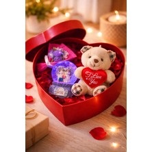MiraLive Sevgililer Gününe Özel Kalp Kutuda ayıcıklı- Ledli Kalpli- Kar Küresi ve Mini Buket Hediye Seti 02 