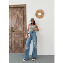 Zeo Basic Kadın Wide-Leg Lazerli Yüksek Bel Geniş Paça Kot Pantolon Orta Mavi