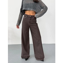 Zeo Basic Kadın Kahverengi Denim Kumaş Baggy Jean Yüksek Bel Geniş Paça Kot Pantolon