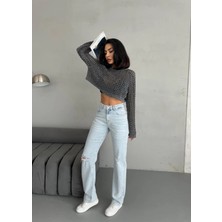 Zeo Basic Kadın Straight Jean Yırtık Detaylı Ara Bel Boru Paça Kot Pantolon Açık Mavi