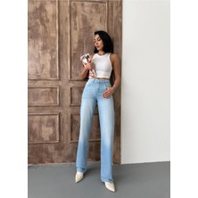 Zeo Basic Kadın Straight Yüksek Bel Boru Paça Kot Pantolon Açık Mavi