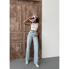 Zeo Basic Kadın Straight Yüksek Bel Boru Paça Kot Pantolon Buz Mavi