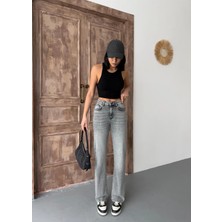 Zeo Basic Kadın Straight Likralı Yüksek Bel Boru Paça Kot Pantolon Orta Füme