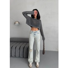 Zeo Basic Kadın Straight Jean Yırtık Detaylı Ara Bel Boru Paça Kot Pantolon Mavi Tint