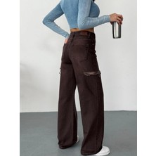 Zeo Basic Kadın Kahverengi Taşlamalı Baggy Jean Yüksek Bel Kot Pantolon Denim Kumaş Yanlardan Lazerli