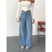 Zeo Basic Kadın Mavi Taşlamalı Baggy Jean Yüksek Bel Geniş Paça Kot Pantolon Siyah