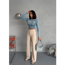 Zeo Basic Bej Denım Kumaş Wide-Leg Pantolon