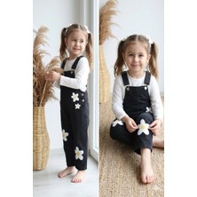 HaanBebe Kız Çocuk Papatya Desenli Siyah Denim Salopet Bahçıvan Pantolon - Antrasit