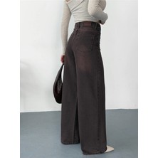 Zeo Basic Kadın Kahverengi Taşlamalı Baggy Jean Yüksek Bel Geniş Paça Kot Pantolon