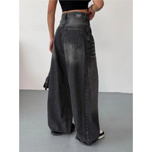 Zeo Basic Kadın Extra Baggy Jean Yüksek Bel Salaş Pantolon Siyah Taşlamalı
