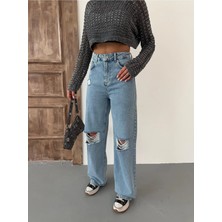 Zeo Basic Kadın Wide-Leg Lazerli Yüksek Bel Geniş Paça Kot Pantolon Buz Mavi