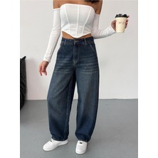 Zeo Basic Kadın Mavi Eskitmeli Skater Fit Yüksek Bel Pantolon