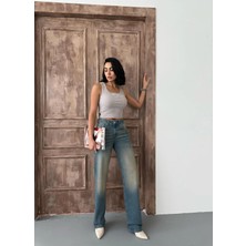 Zeo Basic Kadın Straight Yüksek Bel Boru Paça Kot Pantolon Mavi Tint